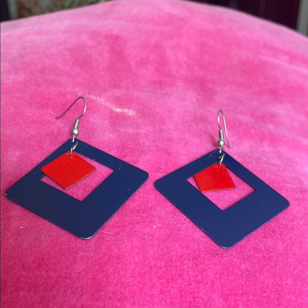 Geometric Red and Blue Metal Earrings